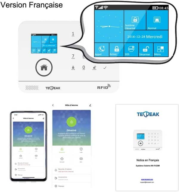 Système d'alarme Sécurité sans Fil WiFi GSM, TECPEAK Kits de sécurité pour la Maison, HomeSecure Compatible avec Amazon Alexa & Google Home (Version française)