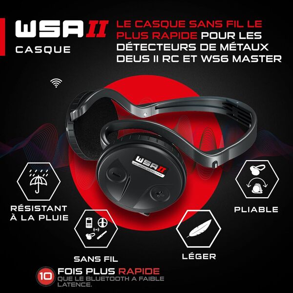 XP Metal Detectors WSAII Casque sans Fil Compatible avec Les détecteurs de métaux Deus II RC et WS6 Master, Casque Pliable, connectivité Rapide au détecteur, Compact, Léger et entièrement étanche