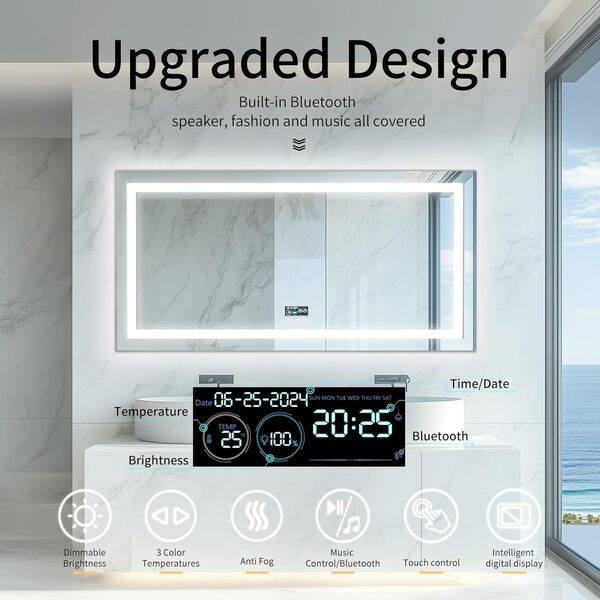 LUVODI Miroir Salle de Bain avec Bluetooth 5.2 et Horloge: 120x60cm Miroir LED avec Éclairage Intégrée et Rétroéclaire 4 Boutons Miroir Lumineux Gradable Miroir Connecté IP65 Mémoire Antibué
