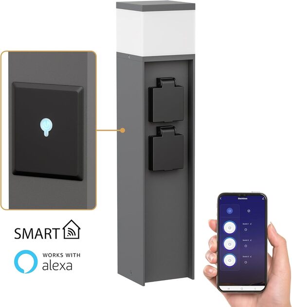 ledscom.de 3 pièces Lumière de chemin/Borne d'éclairage PODEL pour l'extérieur, IP44, Smart Home, WLAN, Alexa, 39 cm, anthracite, 1x G9 max. 10W, 2 prises de courant