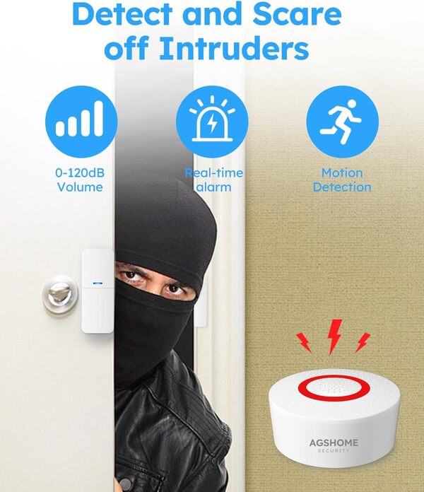 AGSHOME+ Alarme Maison sans Fil, Système de Sécurité, 15 Pièces, Compatible avec Alexa, Batterie de Secours de 8 Heures, Contrôle via Application, WiFi 2,4 GHz, 120 dB, 15 mètres