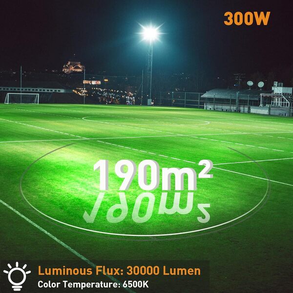 ANNIFUNLY Projecteur LED 300W 30000LM, 2 Pièce Super Brillant Spot LED Extérieur Blanc Froid 6500K, IP67 Étanche Eclairage Exterieur Grand Angle de Faisceau Pour Jardin, Arène, Cour, Piste [Classe énergétique F]