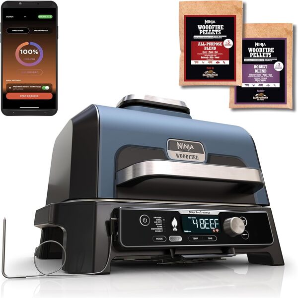 Ninja Woodfire Pro Connect XL BBQ Électrique Grill & Fumoir, Contrôle via App & Woodfire Table d'appoint, support réglable et latérale, support pour barbecue, grill et four d'extérieur