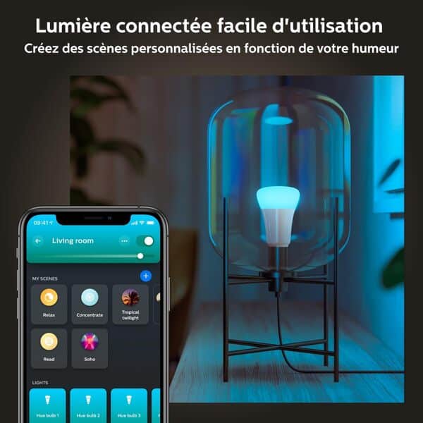 Philips Hue White & Color Ambiance - Pack de 4 ampoules connectées LED E27 60W, 800 lumens, contrôle Bluetooth - Eclairage connecté compatible avec Alexa, Google Assistant et Apple Homekit