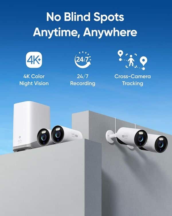 eufy Security eufyCam E330 (Pro) kit 4 cam, caméra de sécurité extérieure 4K, Enregistrement 24h/24 et 7j/7, Plug-in, NVR Wi-FI, Disque Dur 1 to, 10 Can, Stockage Local, sans Frais