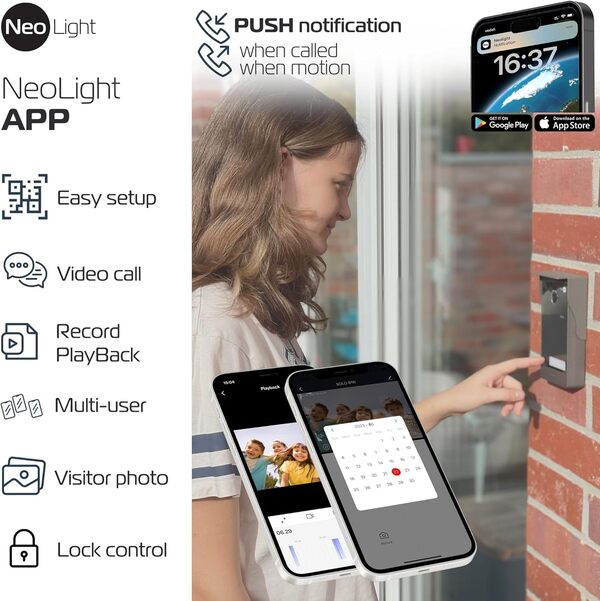 Neolight Visiophone 2 Fils pour Quatre Familles, Écran IPS, Interphone Vidéo Filaire, Caméra Full HD, Visiophone Connecté WiFi, Détection de Personne, Installation Facile