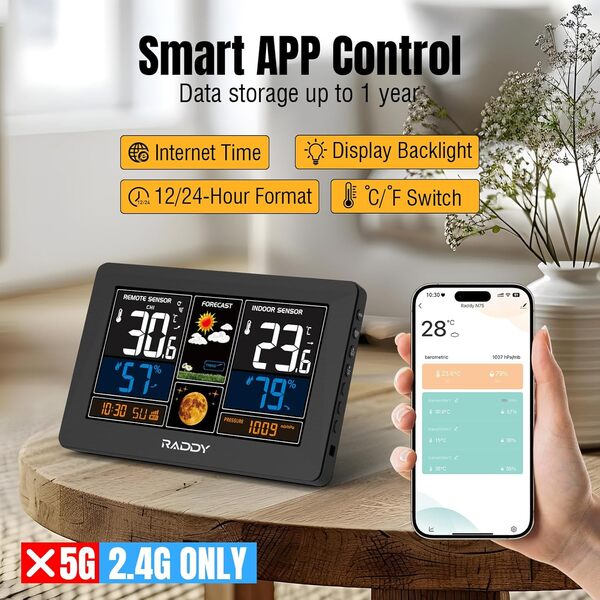 Raddy N75 Station météo Wi-Fi avec Capteur Extérieur, station météo sans fil 7,5