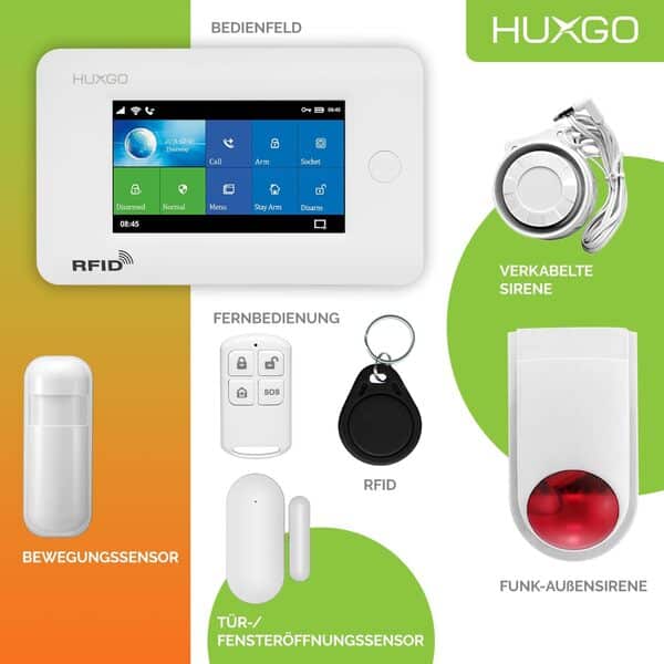 HUXGO® HXA006 Système d'alarme Maison WiFi + GSM avec Sirène Radio | Kit Alarme avec 1x capteur de fenêtre, 12x détecteurs de Mouvement | Sécurité de la Maison Intelligente avec alertes SMS