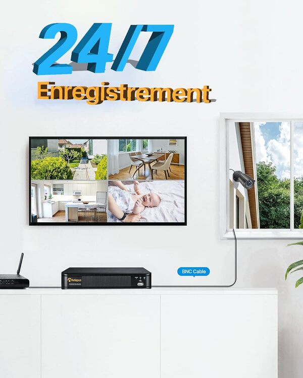 Anlapus H.265+ Full HD 1080P Kit Caméra de Surveillance Extérieure, 4 Caméra de Sécurité 2MP avec Enregistreur 8CH 1080P, Disque Dur 1 to, Détection de Mouvement et Alerte Instantanée, APP Gratuite