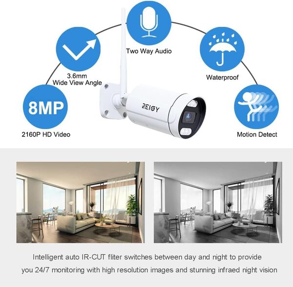REIGY 8MP Kit Camera Surveillance WiFi Exterieure avec Disque Dur 2To, 4K Système Videosurveillance 16CH NVR+4X 2160P Camera, Audio Bidirectionnel Vision Nocturne Détection Mouvement IP66 Imperméable