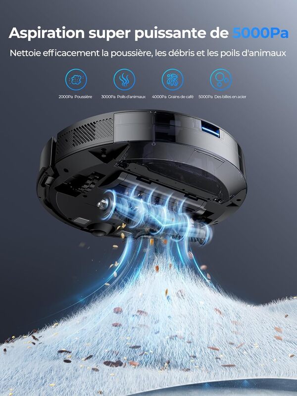 Laresar Clean Robot Aspirateur Laveur Mars01, Navigation Lidar 360°, 5000Pa Aspirateur Robot, 180min, Robot Aspirateur Laveur Convient aux Poils d'animaux, Tapis et Sols，App/Alexa/Google Home