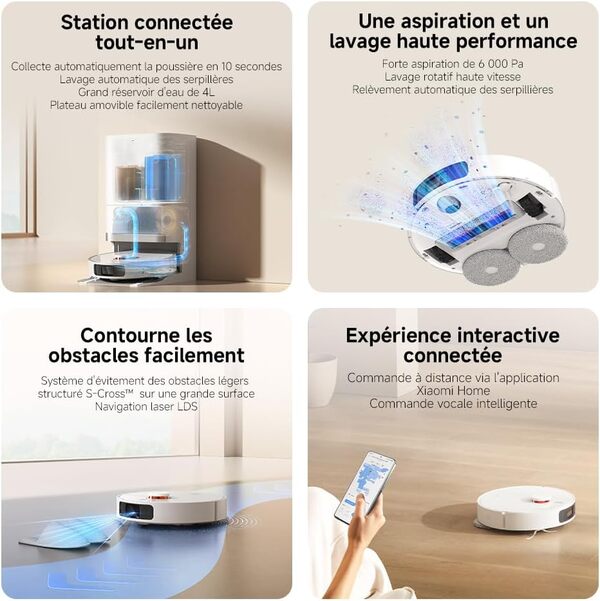 XIAOMI Robot Vacuum X20+, Station Tout-en-Un avec vidage, Lavage & séchage Auto, Aspiration 6000 Pa, évitement d’Obstacles S-Cross™, Navigation LDS, Commande vocale Via Mi Home.