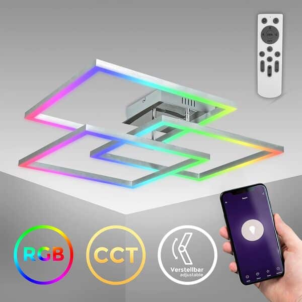 B.K.Licht Plafonnier LED connecté WiFi I App et télécommande I dimmable I CCT I RVB I commande vocale I compatible iOS & Android [Classe énergétique F]