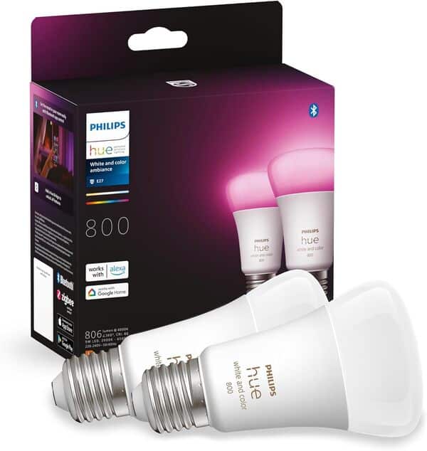 Philips Hue Kit de Démarrage Ambiance Blanc et Couleur : 2 Ampoules connectées LED E27 60W, Contrôle Bluetooth et Pont, fonctionne avec Alexa/Google Home, Expérience Lumineuse Personnalisée [Classe énergétique F]