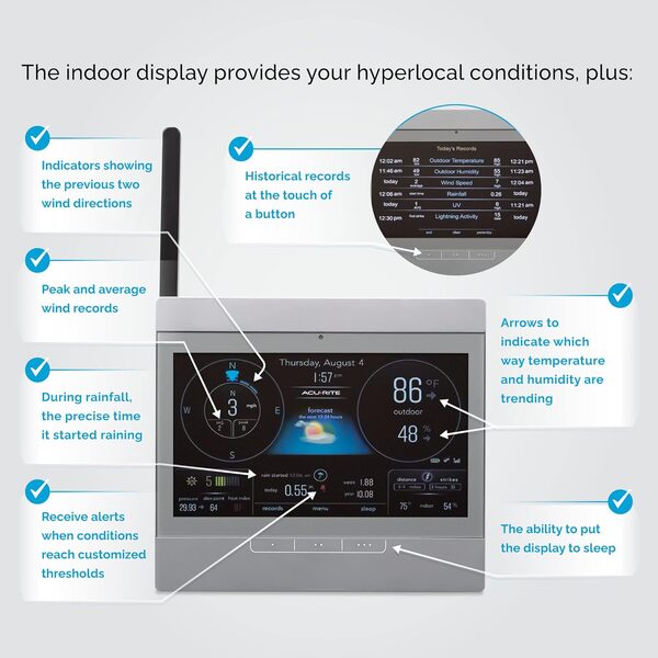 AcuRite Atlas Home Station météo avec affichage haute définition de température, humidité, vitesse du vent, direction du vent, prévisions hyperlocales et alertes programmables avec baromètre intégré –
