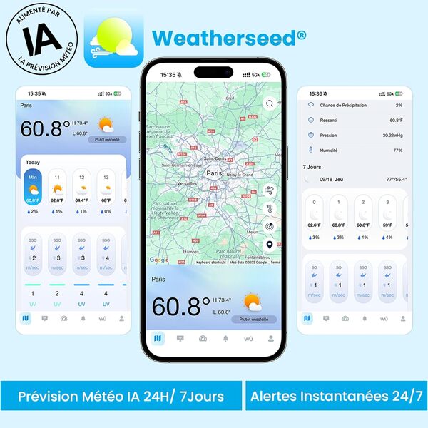 Sainlogic Intelligente SA9 Plus Station Météo WiFi, Capteur Sans Fil Intérieur/Extérieur, Prévision Météorologique 24h/24 par Weatherseed® AI, UV, Avertissements et Exportation de Données sur 2 Ans