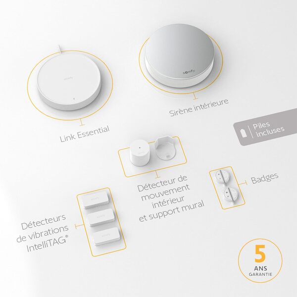 Somfy 1875280 - Home Alarm Essential - Système d'Alarme Maison sans Fil Connecté WiFi - 3 IntelliTAG - 1 détecteur de Mouvement - 2 Badges télécommandes - Compatible Alexa, Assistant Google et Tahoma