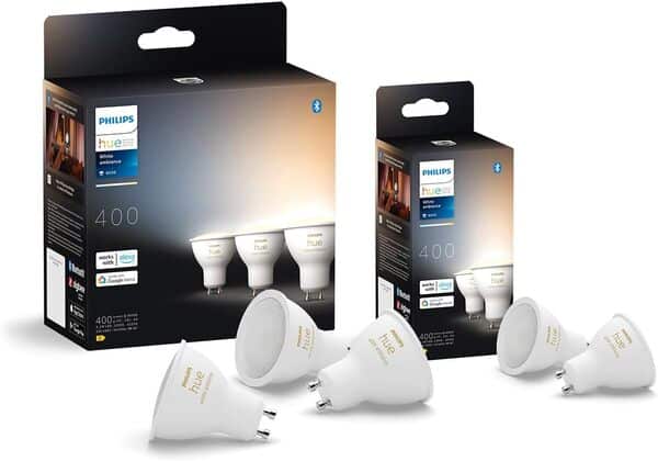 Philips Hue White Ambiance Ampoule LED connectée Pack de 5, culot GU10, 400 lumens, Compatible Bluetooth. Fonctionne avec Alexa, Google Assistant et Apple HomeKit [Classe énergétique E]