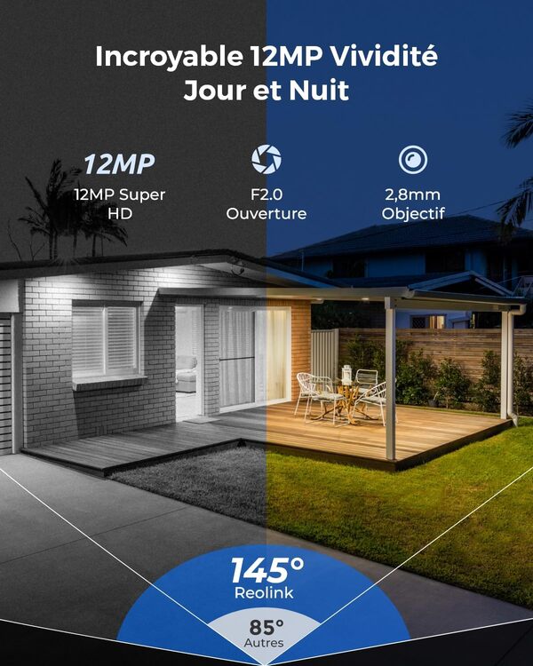Reolink 12MP Kit Caméra Surveillance Extérieure PoE, Grand Angle 145°, IK10 Anti-Vandalisme, 8CH 2To NVR, Vision Nocturne Couleur, Détection Personne/Véhicule/Animal, Audio Bidirectionnel, RLK8-1200V4