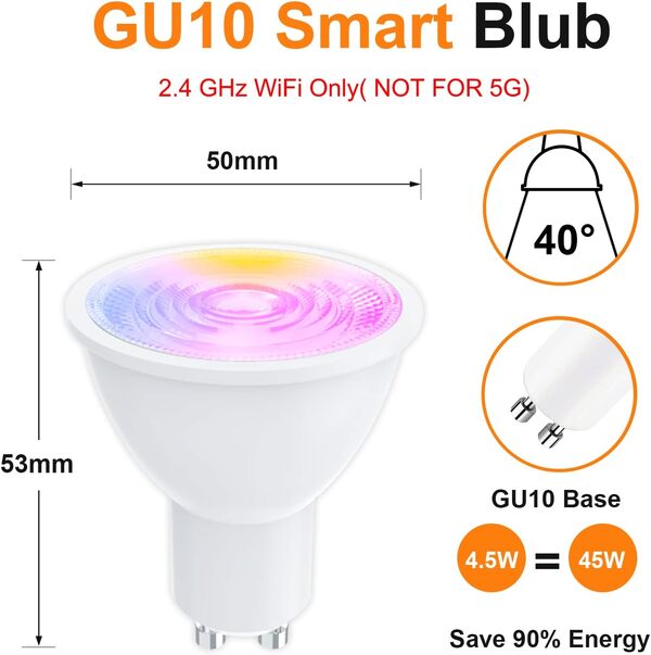 ANTELA Ampoule Connectée WiFi Gu10 4,5W 350 LM LED RGB Lumière Blanche Chaude/Froide 2700K-6500K Compatible avec Alexa/Google Home, Ampoule Intelligente Angle de Faisceau de 40°, 8 PCs [Classe énergétique F]