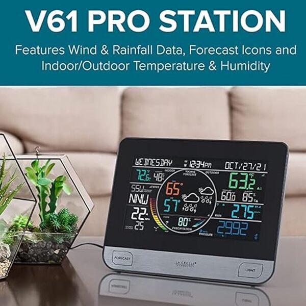 La Crosse Technology V61 Station météo Wi-Fi complète de surveillance à distance pour intérieur/extérieur, température et humidité, données de chute de pluie, baromètre, noir