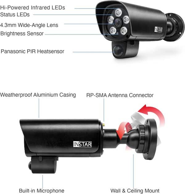 InStar IN-9408 2K+ LAN/WLAN Caméra de Surveillance avec Intelligence Artificielle - Caméra extérieure résistante aux intempéries - Wi-FI 2,4 GHz et 5 GHz - WPA3 - HomeKit - PIR - Détection de