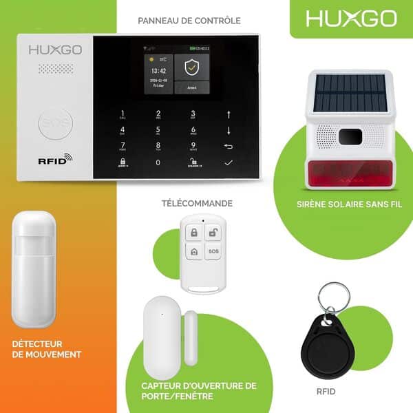 HUXGO® HXA005 Alarme Maison sans Fil WiFi + GSM 4G avec Sirène exterieure sans Fil | Système d'alarme avec détecteur de Mouvement, 7X capteurs de Porte | Kit sécurité Maison, Appartement, Garage