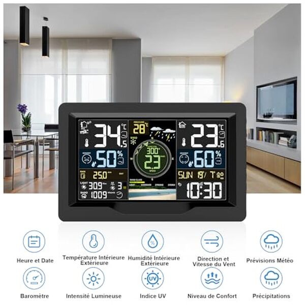 Découvrez la station météo WiFi 7 en 1 avec capteur sans fil et écran rétroéclairé. Suivez en temps réel la météo chez vous avec précision et facilité.