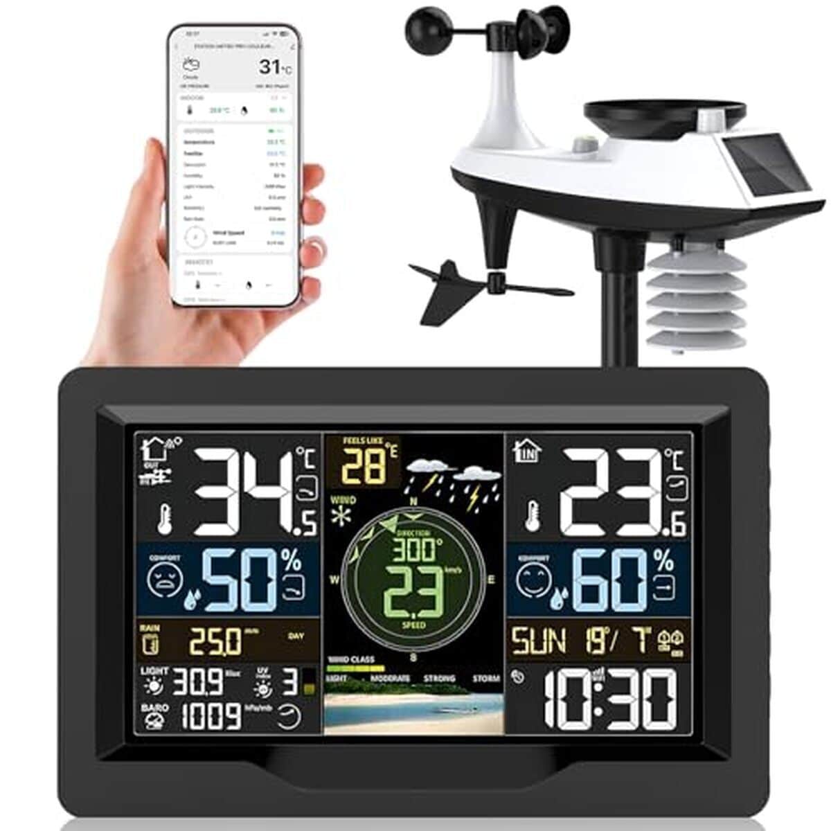 Test station météo professionnelle WiFi 7 en 1 : capteur sans fil et 4 rétroéclairages